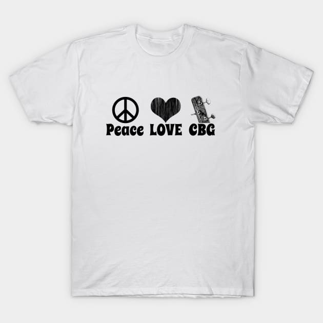 Peace Love and a Cigar Box Guitar (CBG) T-Shirt by Shanz Night Owl Squad